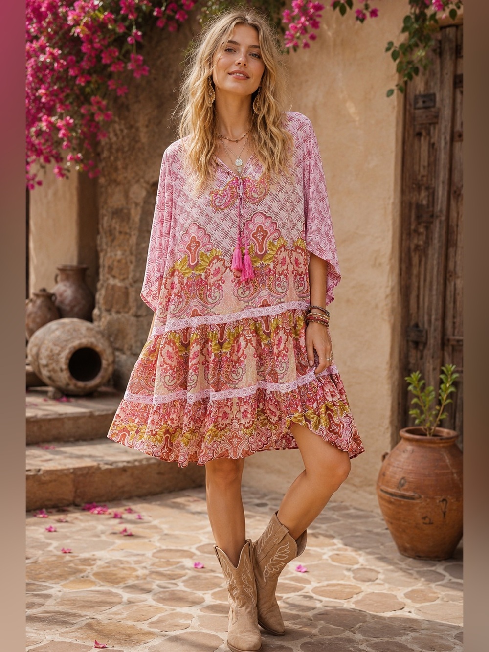 Aratta XL “Aeris” Dress Pink Floral Boho Tiered Style Tassel Closure